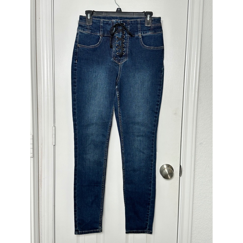 WE THE FREE High Waisted Lace Up Front Skinny Jeans Dark Wash Size 29 Blue Denim